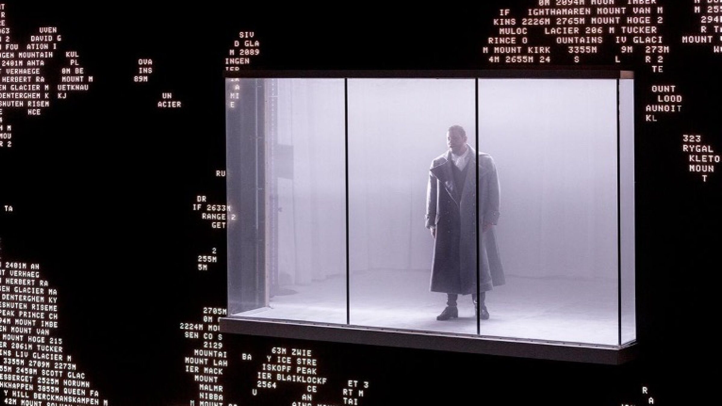 Antarctica, Sydney Chamber Opera. Performer within a cold blue-lit set beneath suspended forms.